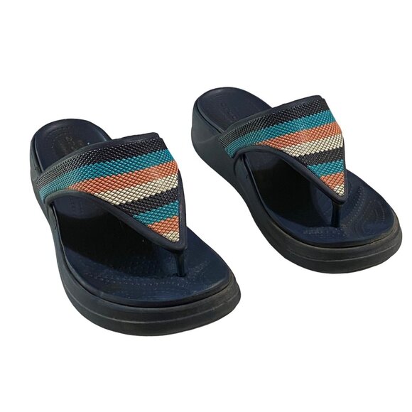 CROCS Shoes - Crocs Platform Flip Flops Womens Size 6 Navy Blue Colorful Stripes Beachy Boho